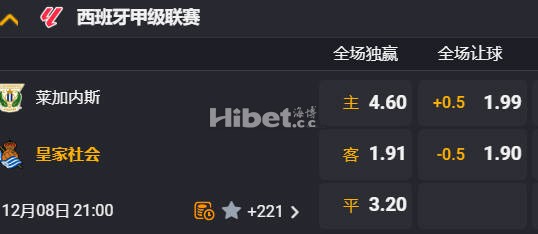 西甲 21:00  莱加内斯[15] - 皇家社会[9]